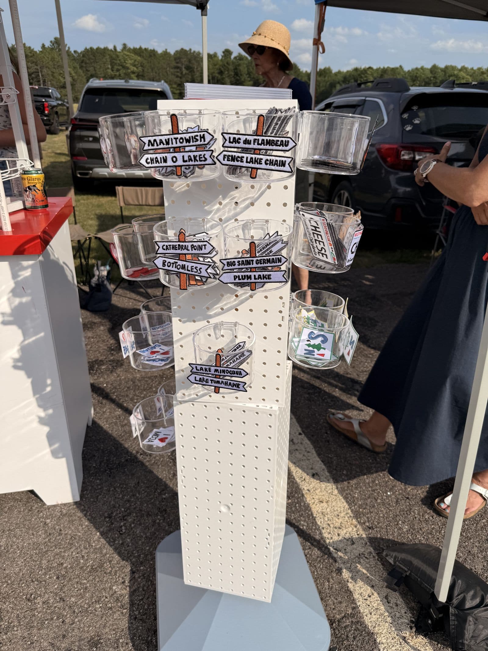 The patch spinner rack, loaded with lake-sign patches